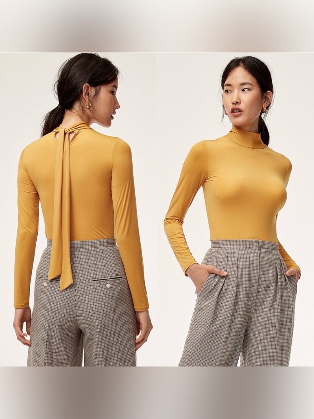 NWT Babaton Clyde Neck Tie Top Blouse Pussybow Mustard Yellow Gold